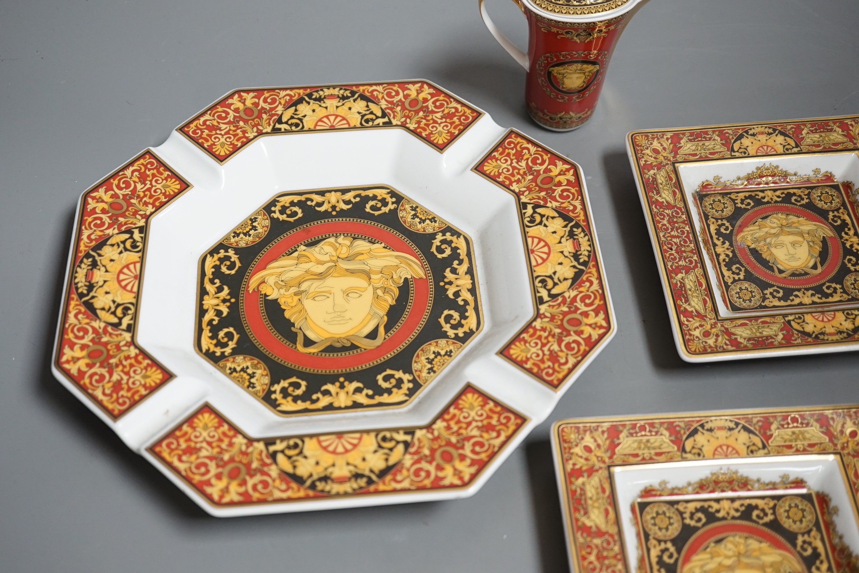 Rosenthal for Versace. A Medusa pattern ashtray, a pair of square dishes and a small jug